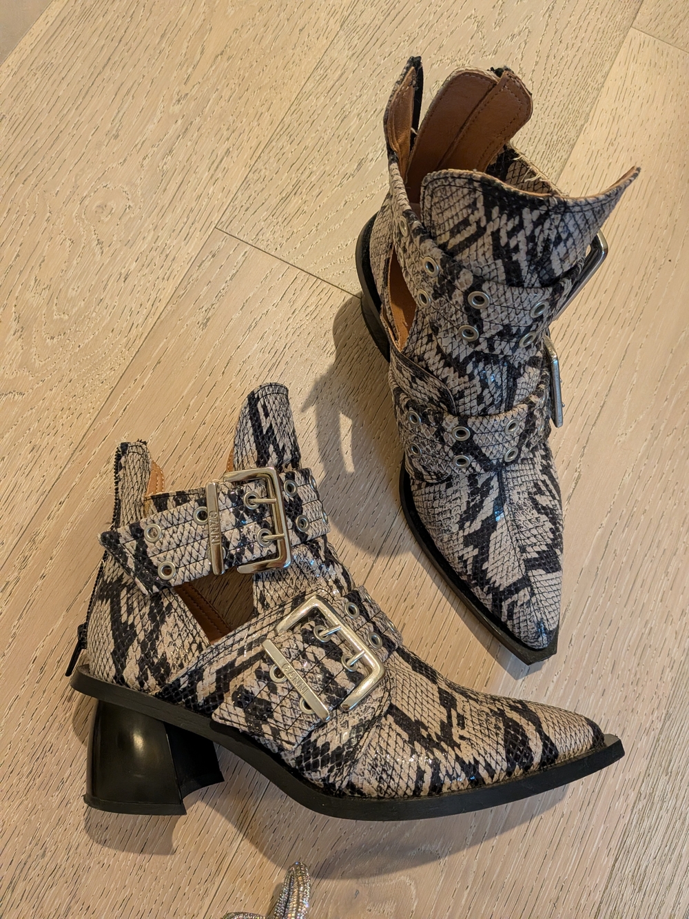Ganni Snake-Print Cutout Buckle Ankle Boots